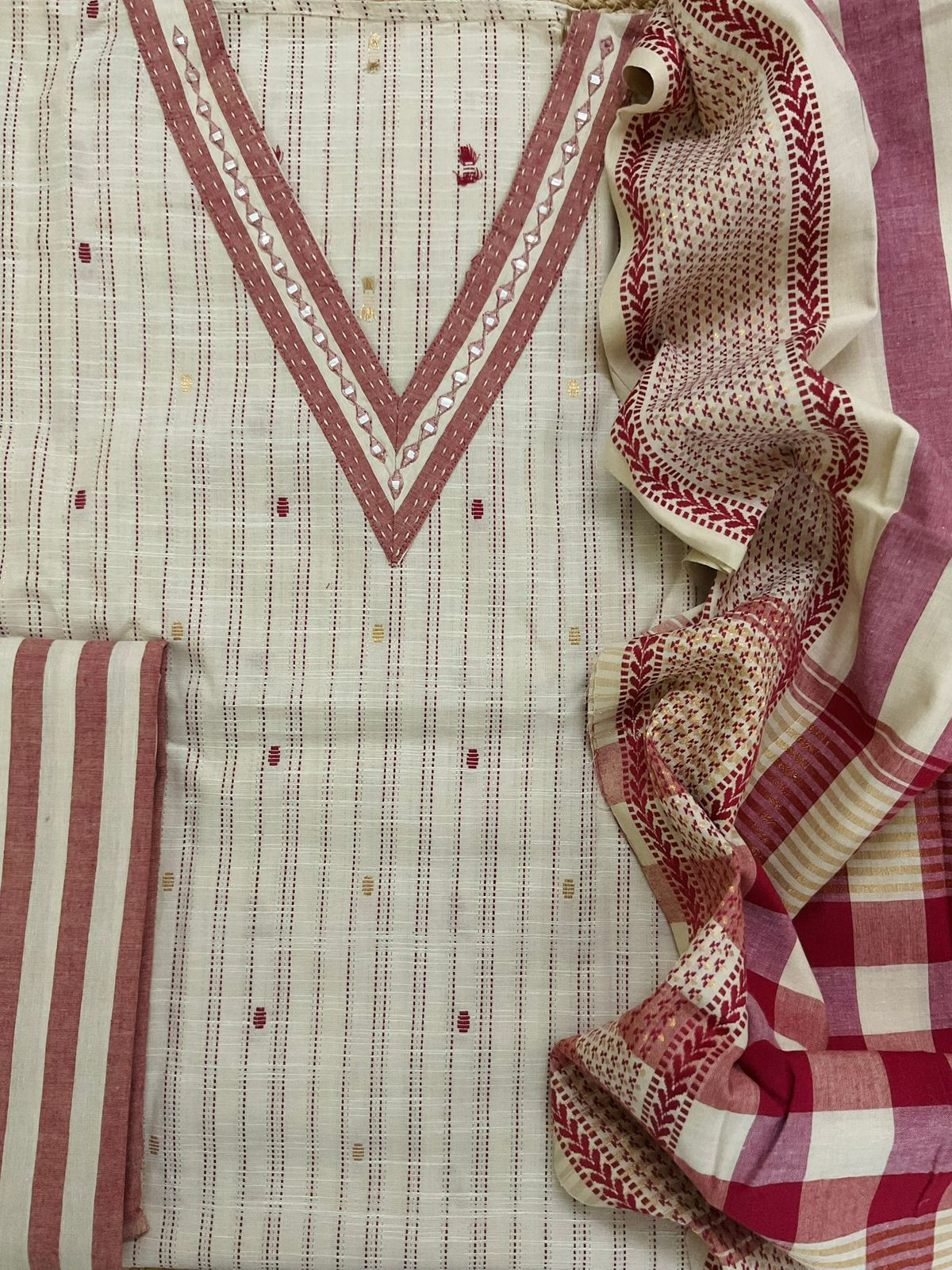 Pure Handloom Cotton Self Weaved Embroidered Suit - Beige