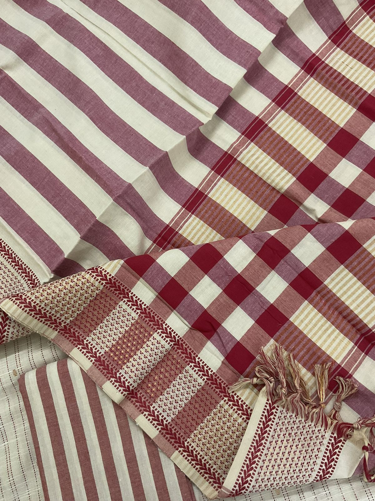 Pure Handloom Cotton Self Weaved Embroidered Suit - Beige