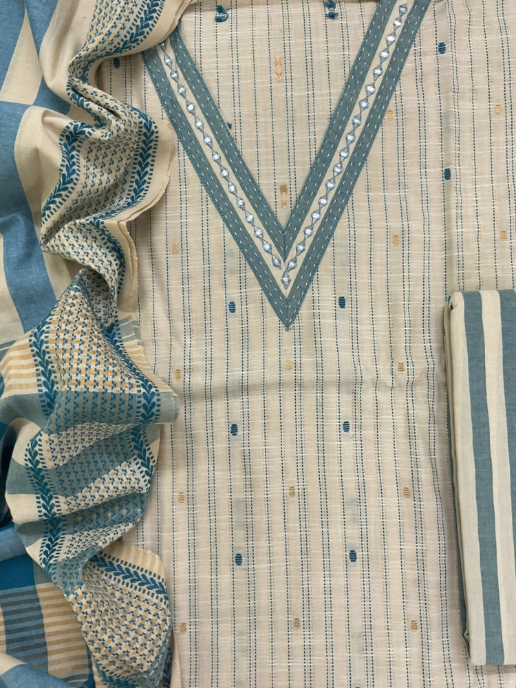 Image of Pure Handloom Cotton Self Weaved Embroidered Suit - Beige