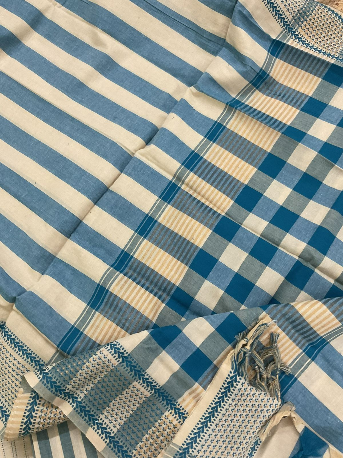 Pure Handloom Cotton Self Weaved Embroidered Suit - Beige