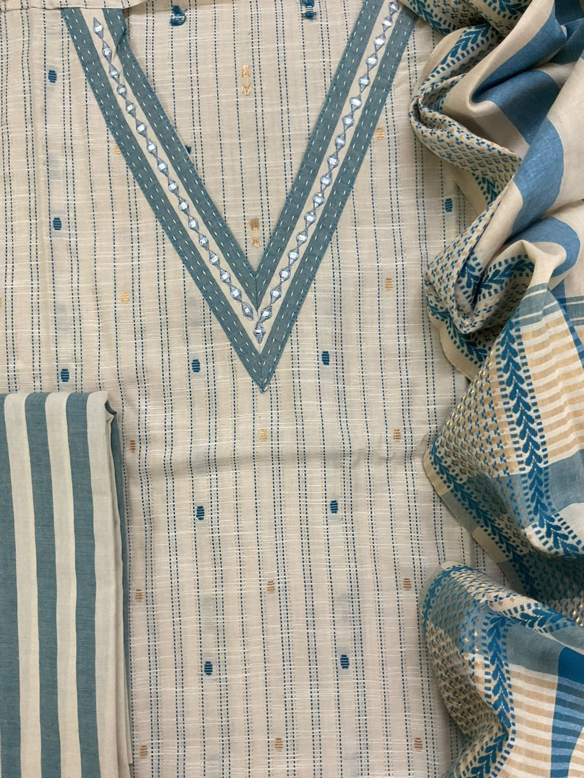 Pure Handloom Cotton Self Weaved Embroidered Suit - Beige