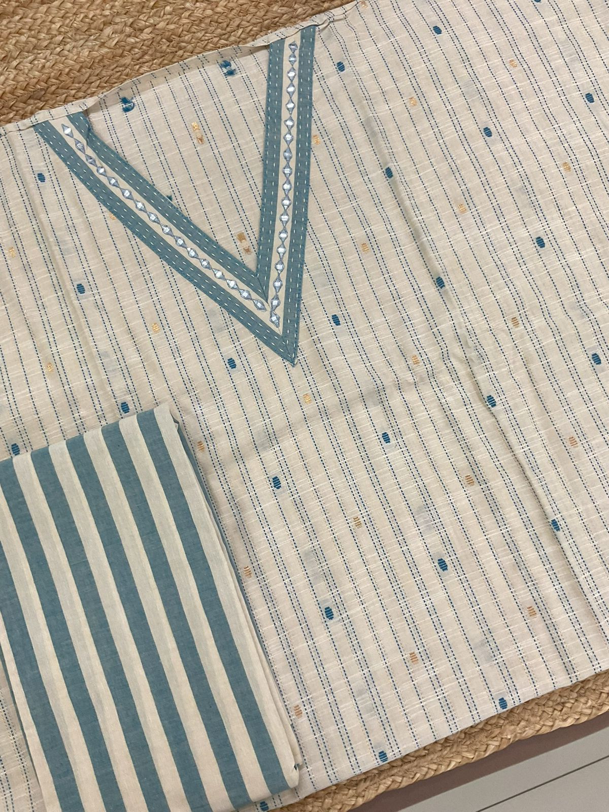 Pure Handloom Cotton Self Weaved Embroidered Suit - Beige