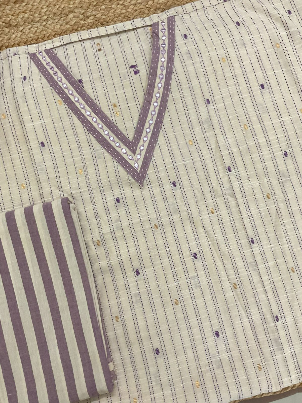 Pure Handloom Cotton Self Weaved Embroidered Suit - Beige