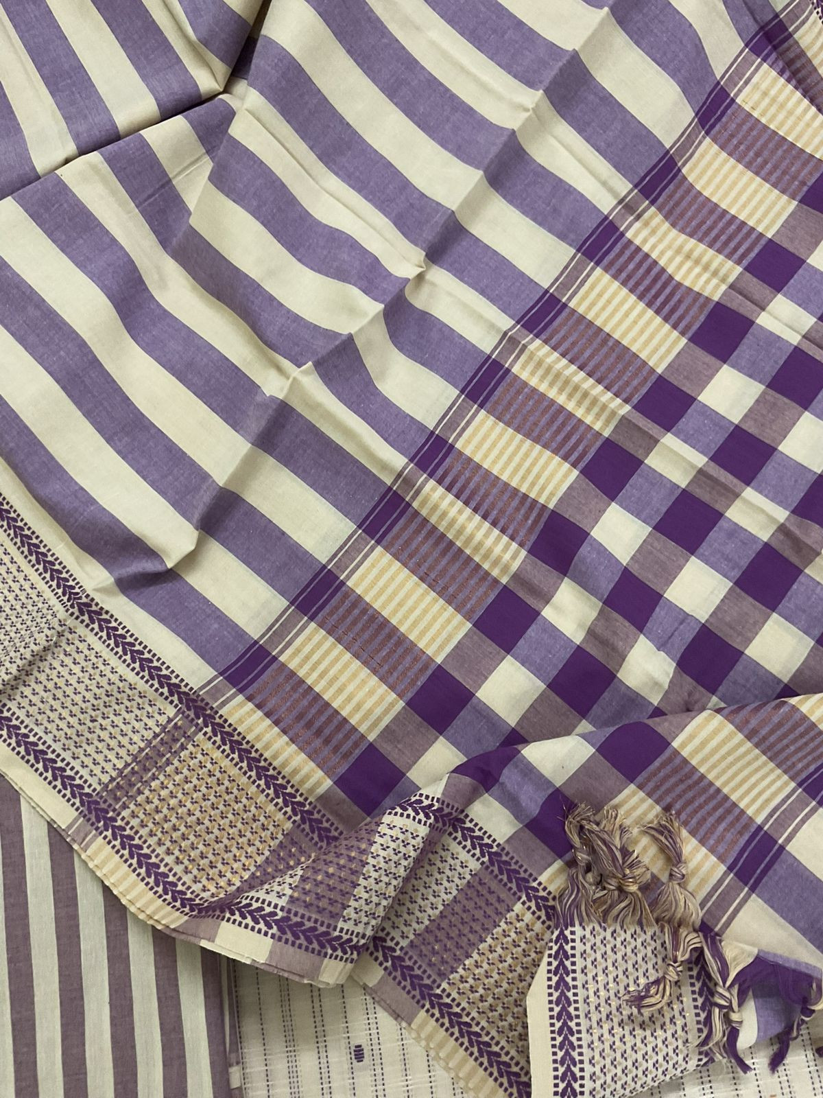 Pure Handloom Cotton Self Weaved Embroidered Suit - Beige