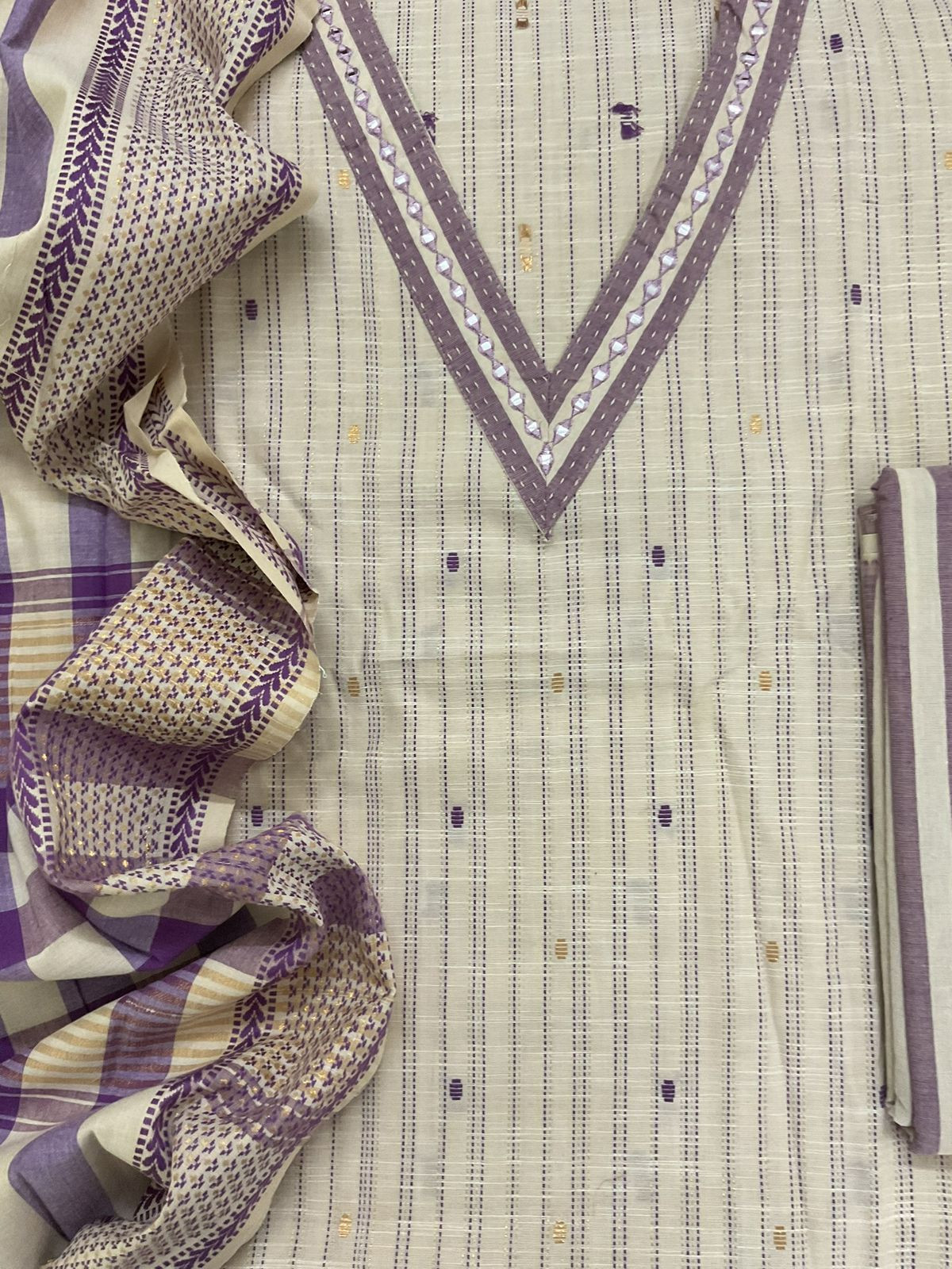 Pure Handloom Cotton Self Weaved Embroidered Suit - Beige