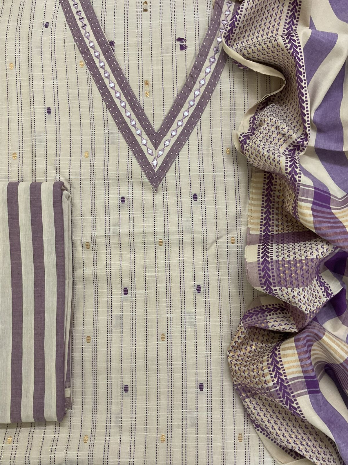 Pure Handloom Cotton Self Weaved Embroidered Suit - Beige