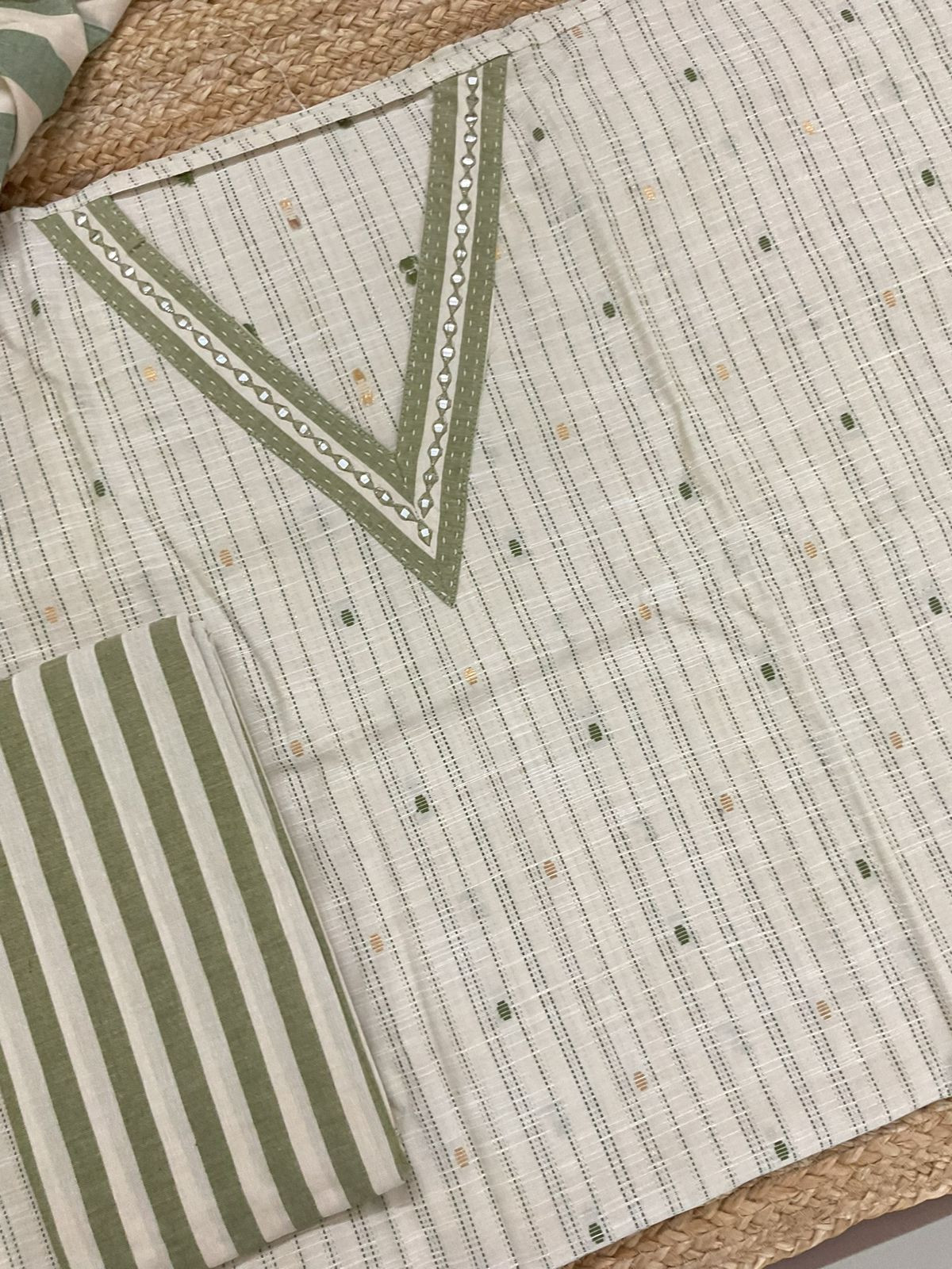 Pure Handloom Cotton Self Weaved Embroidered Suit - Beige