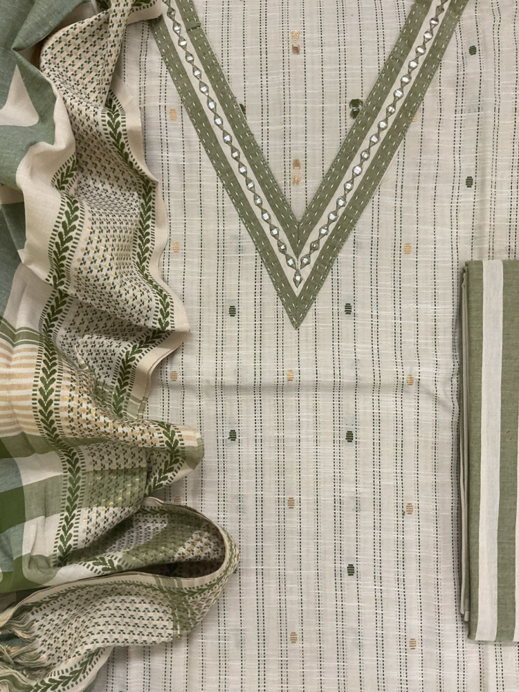 Image of Pure Handloom Cotton Self Weaved Embroidered Suit - Beige