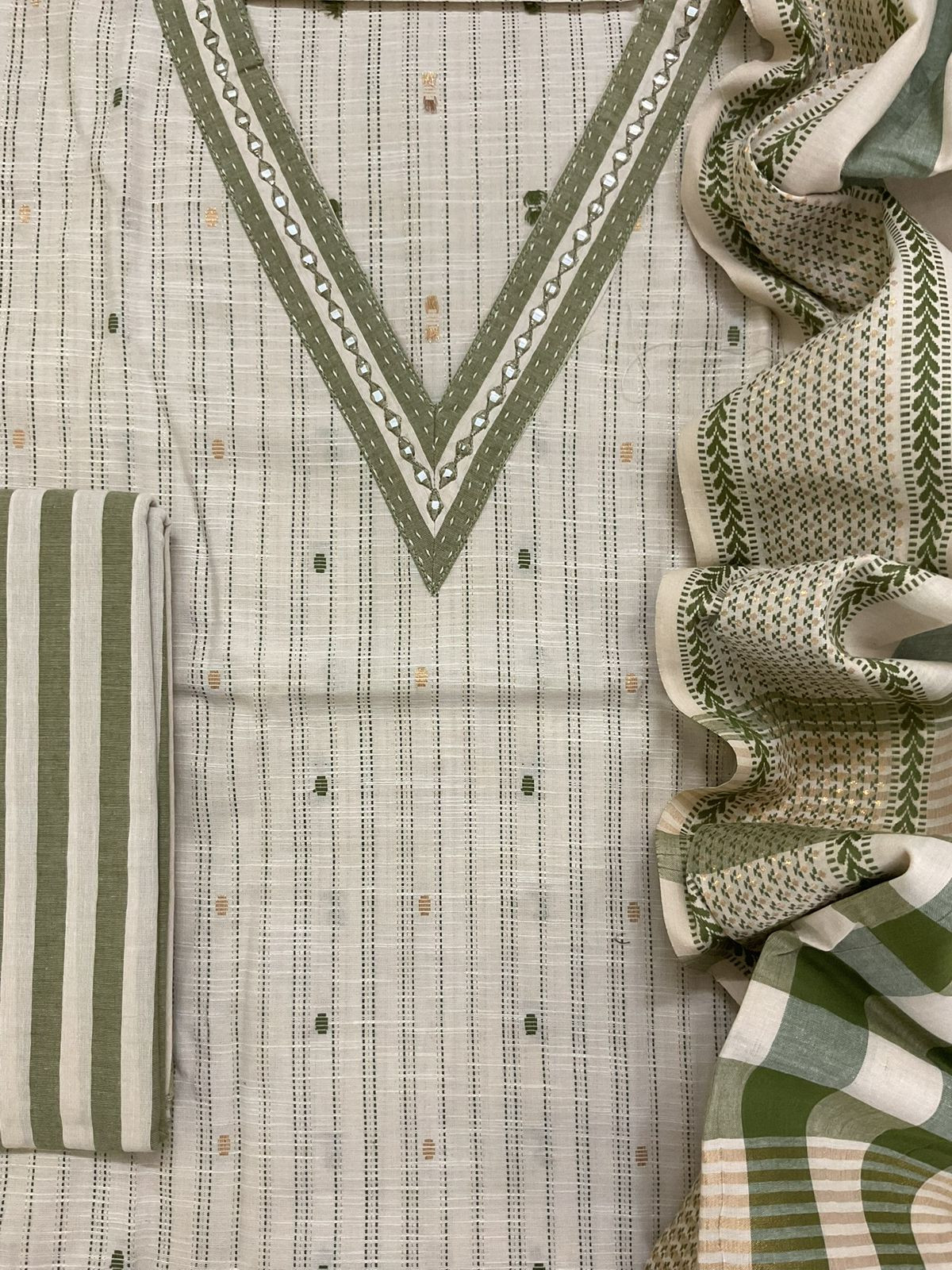 Pure Handloom Cotton Self Weaved Embroidered Suit - Beige