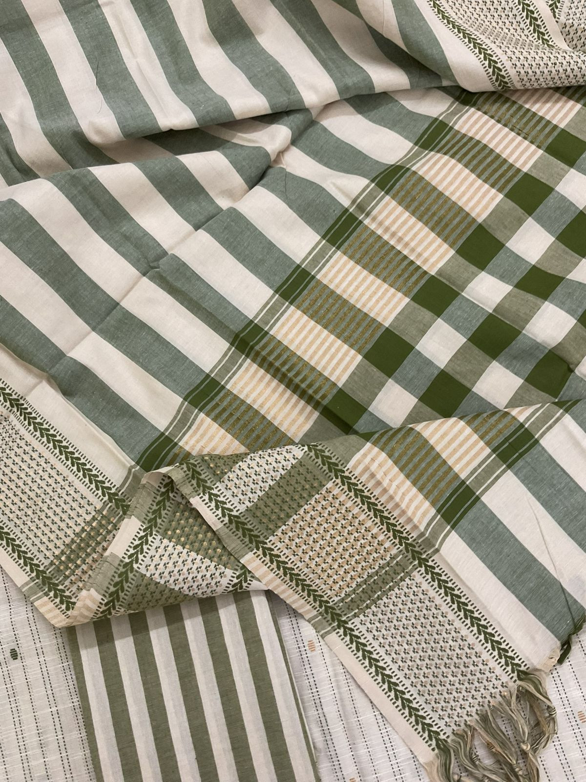 Pure Handloom Cotton Self Weaved Embroidered Suit - Beige