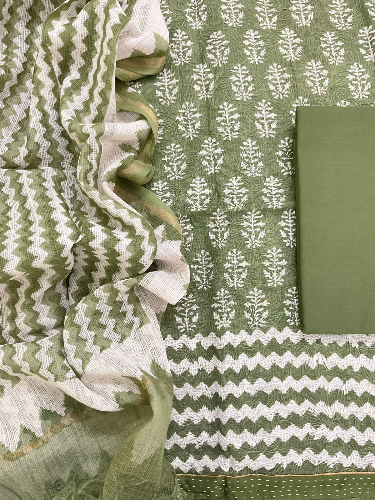 Pure Kota Cotton Block Printed Embroidered Suit - Green
