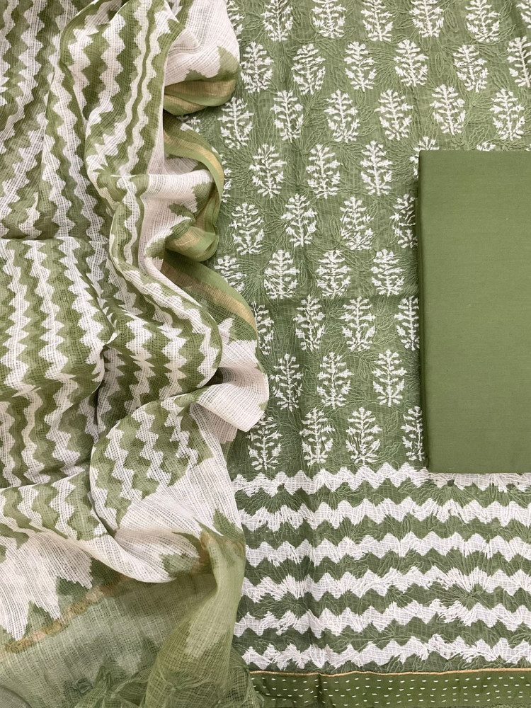 Image of Pure Kota Cotton Block Printed Embroidered Suit - Green