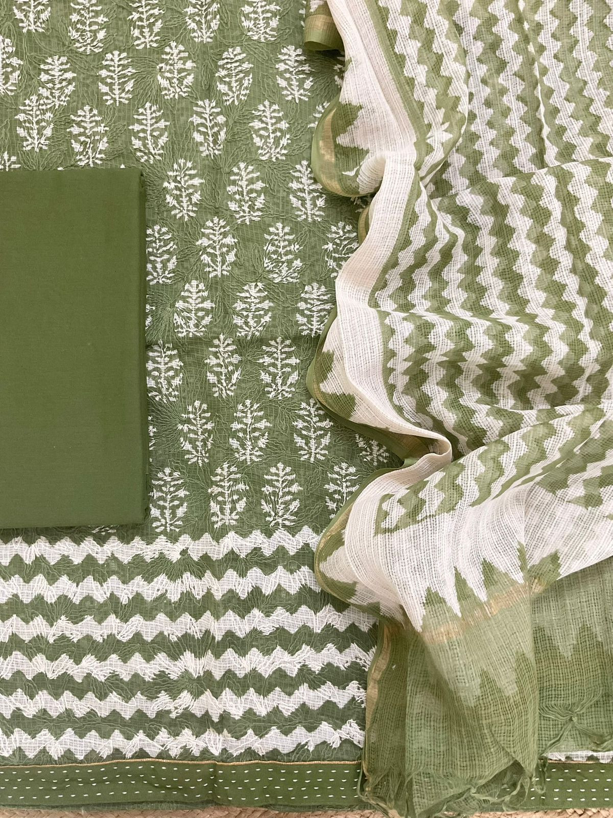 Pure Kota Cotton Block Printed Embroidered Suit - Green