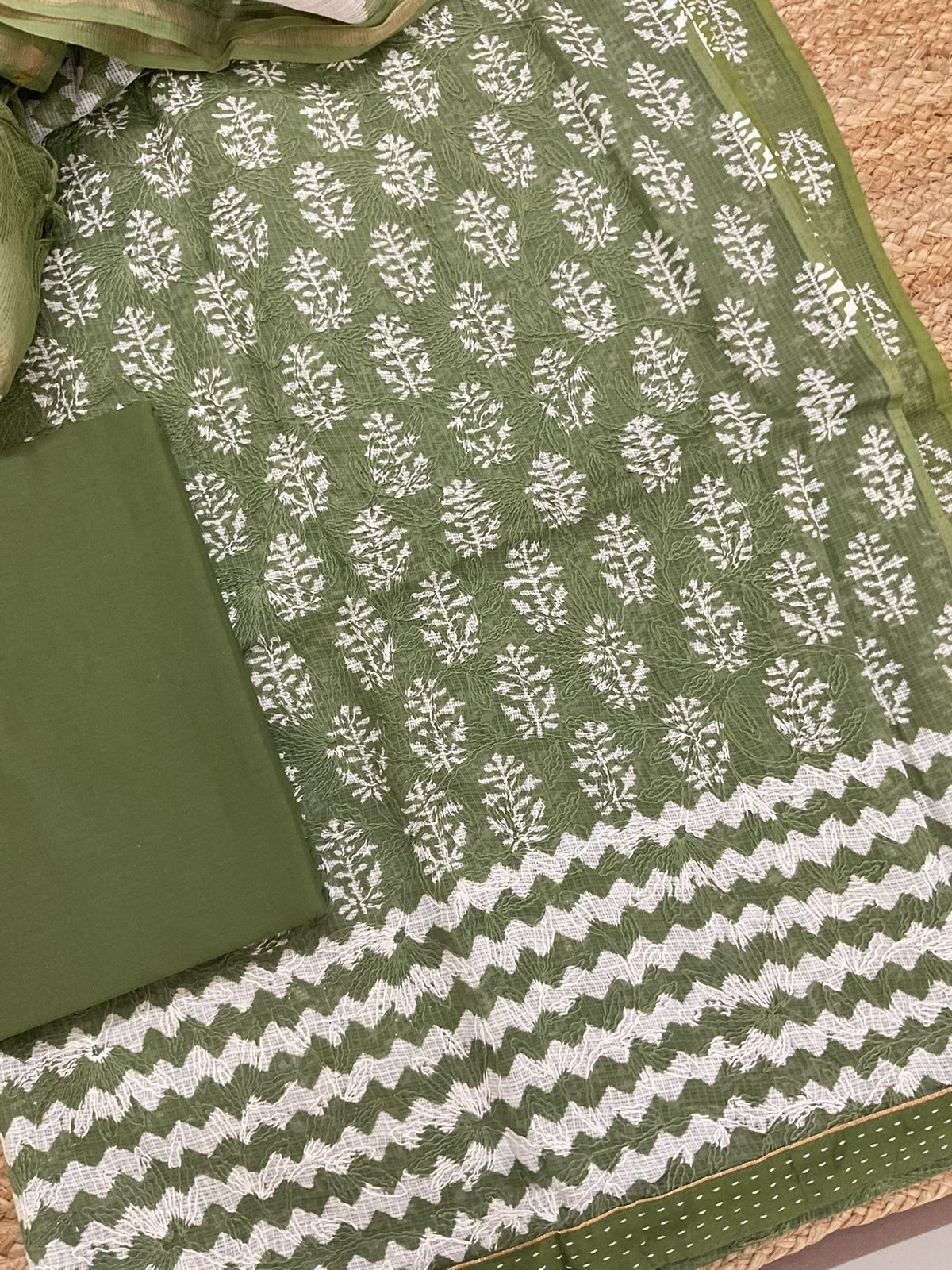 Pure Kota Cotton Block Printed Embroidered Suit - Green