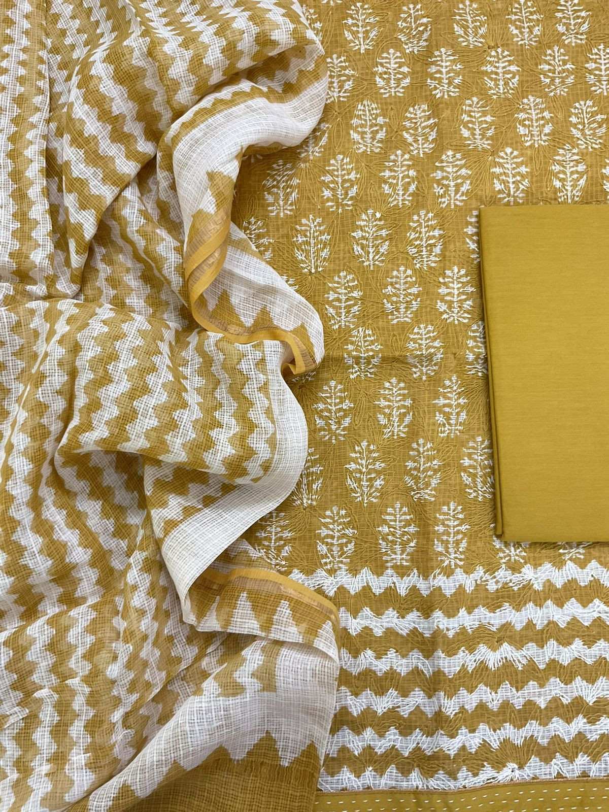 Pure Kota Cotton Block Printed Embroidered Suit - Yellow
