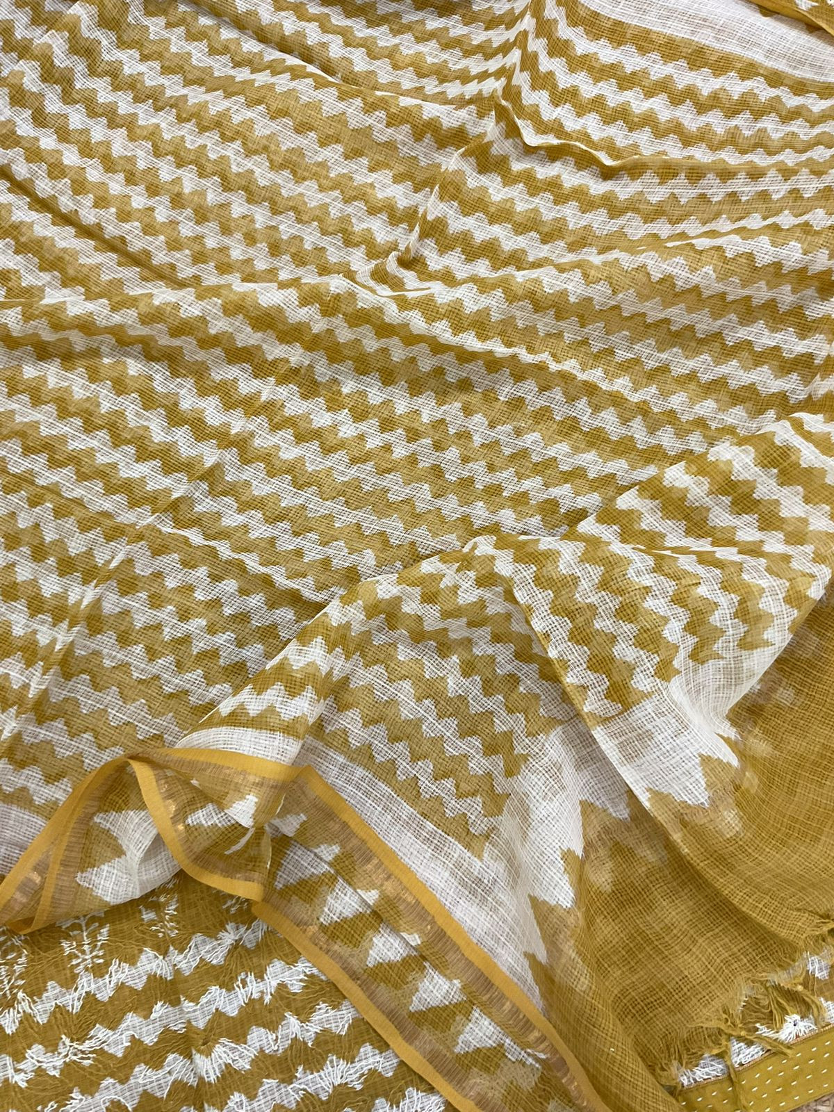 Pure Kota Cotton Block Printed Embroidered Suit - Yellow