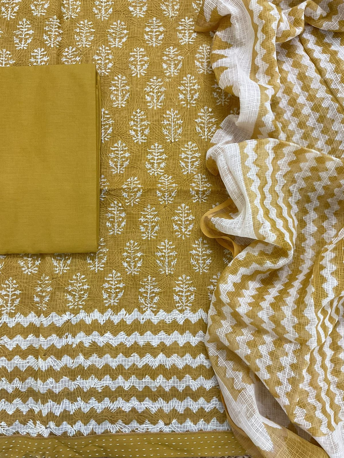 Pure Kota Cotton Block Printed Embroidered Suit - Yellow