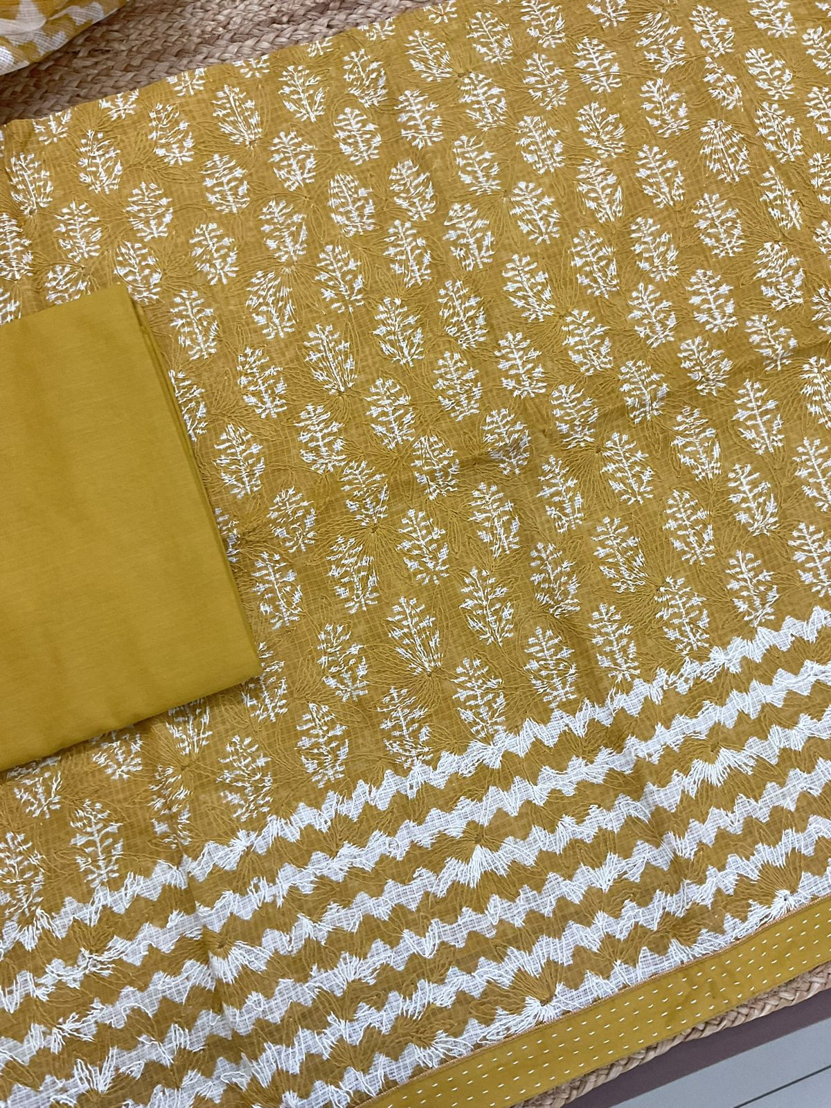 Pure Kota Cotton Block Printed Embroidered Suit - Yellow