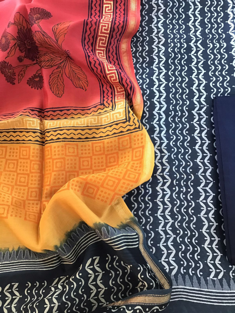 Image of Pure Maheshwari Silk Printed Suit - Blue