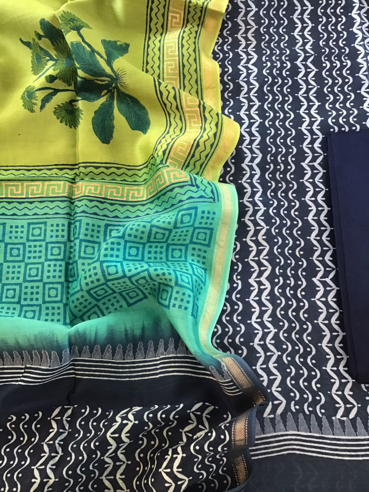 Image of Pure Maheshwari Silk Printed Suit - Blue