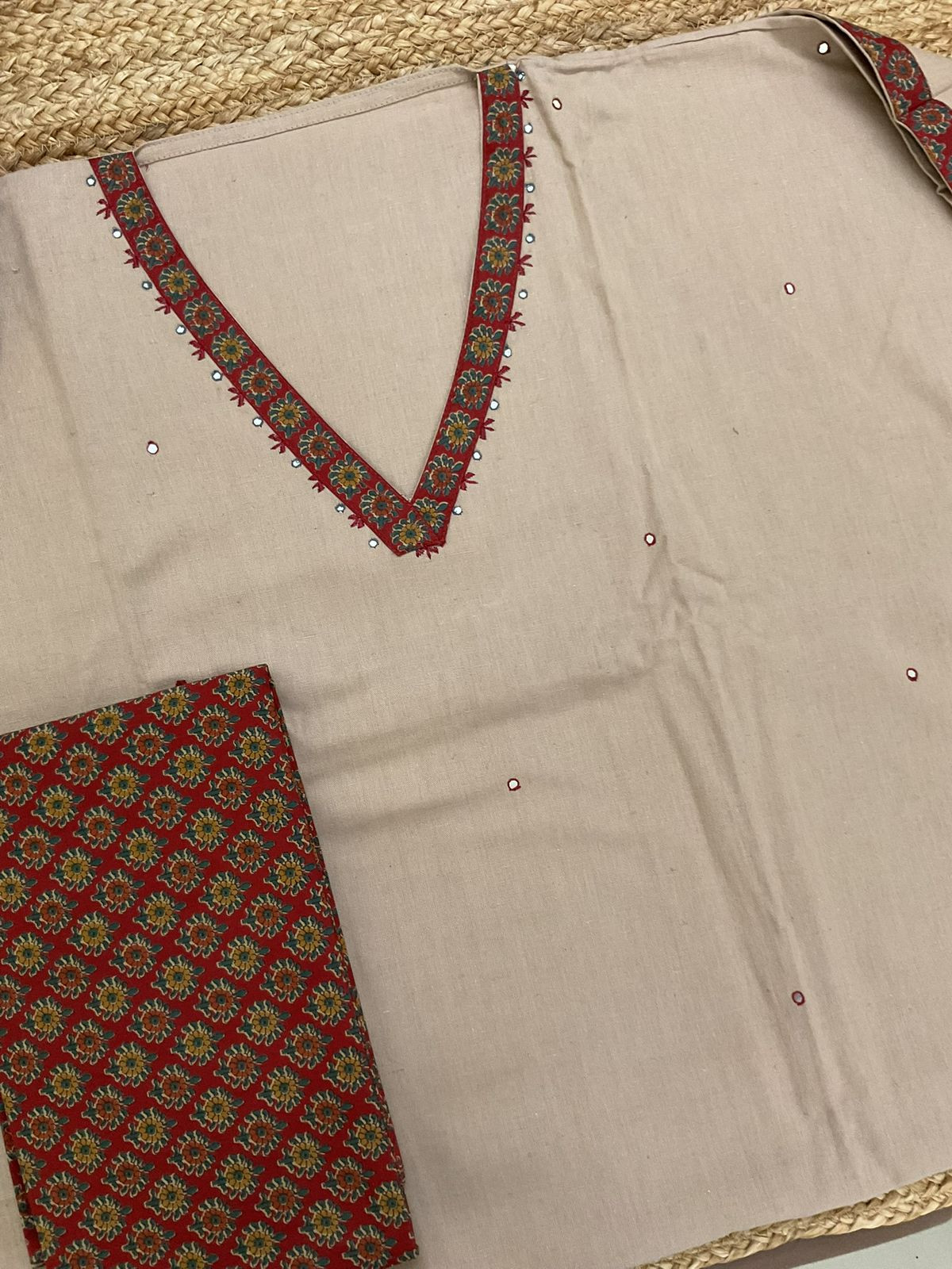 Pure Cotton Printed Embroidered Suit - Beige