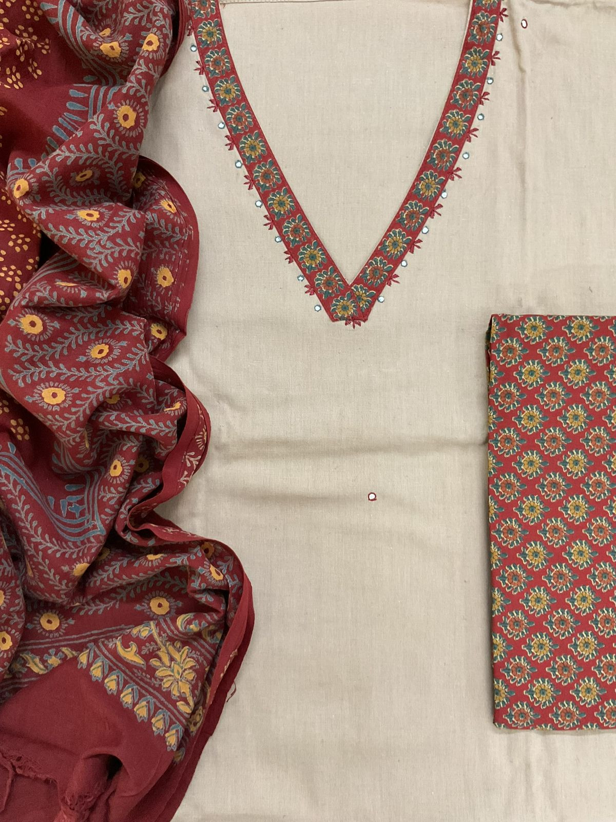 Pure Cotton Printed Embroidered Suit - Beige