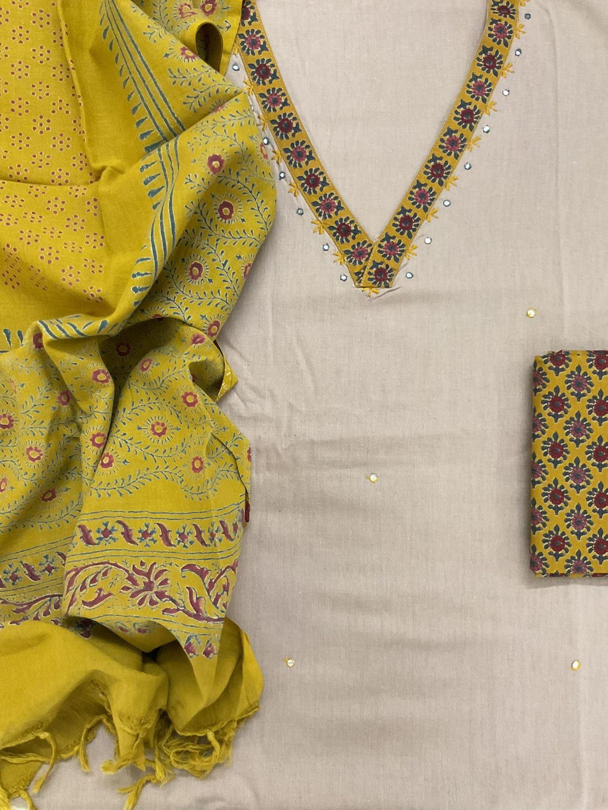 Pure Cotton Printed Embroidered Suit - Beige