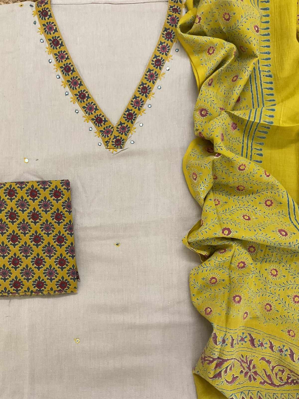 Pure Cotton Printed Embroidered Suit - Beige