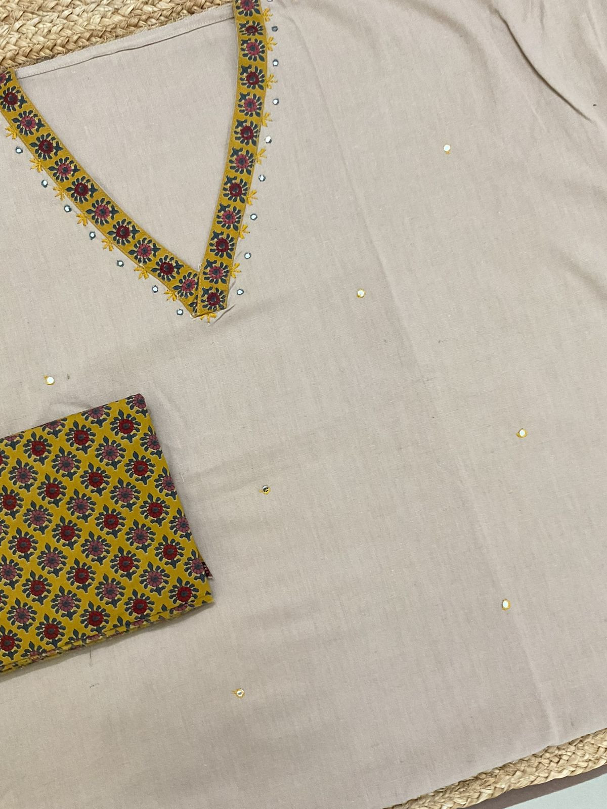 Pure Cotton Printed Embroidered Suit - Beige