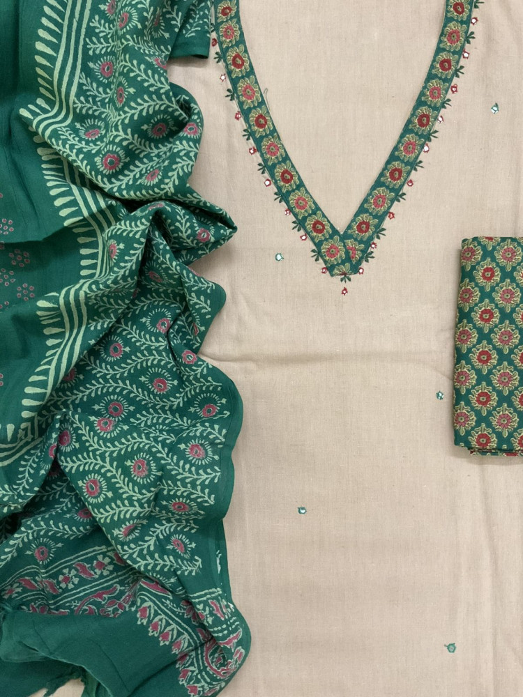 Image of Pure Cotton Printed Embroidered Suit - Beige