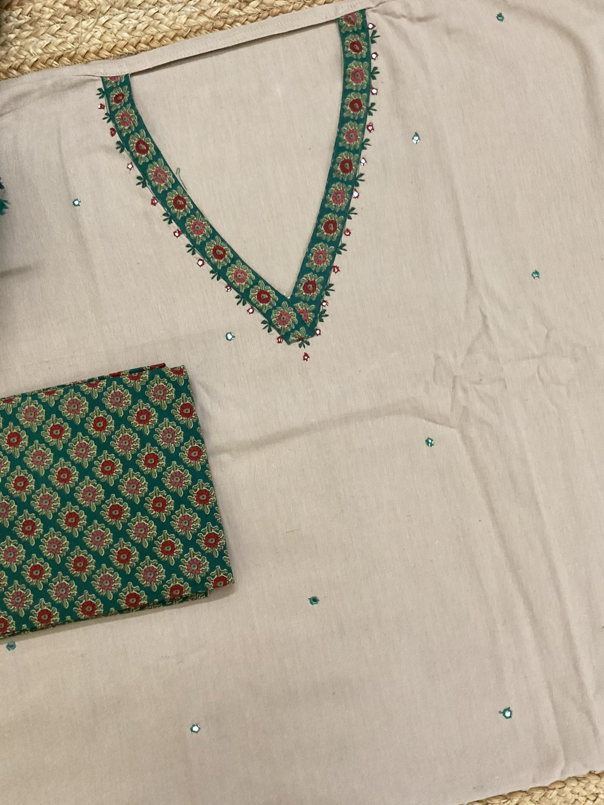 Pure Cotton Printed Embroidered Suit - Beige