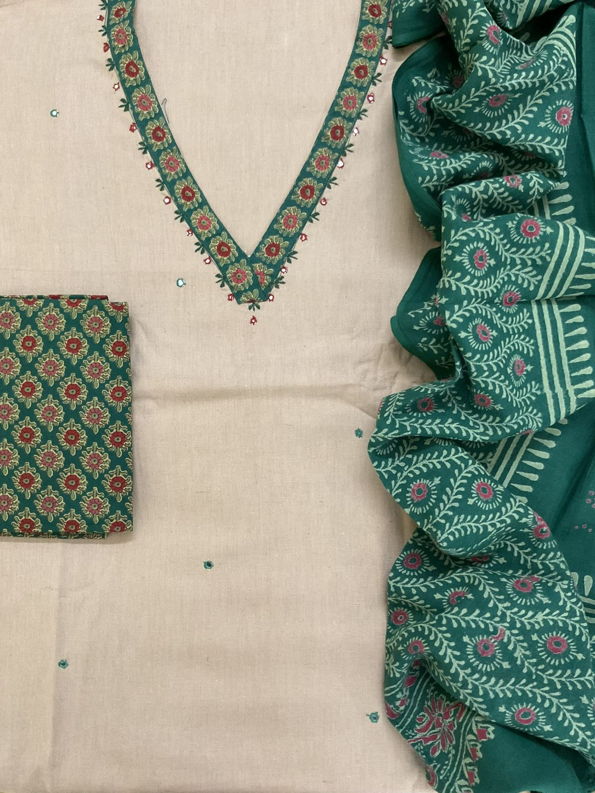 Pure Cotton Printed Embroidered Suit - Beige