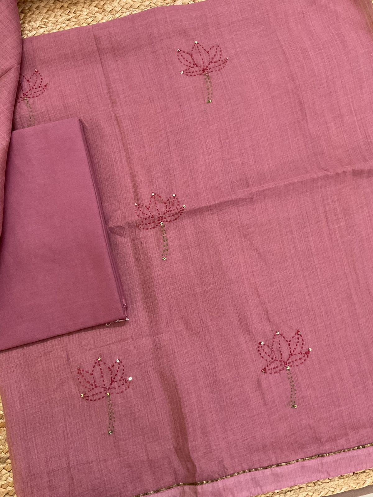 Soft Slub Chanderi Jamdani Weaved Embroidered Suit - Pink