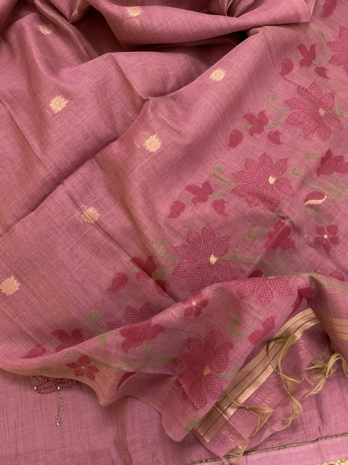 Soft Slub Chanderi Jamdani Weaved Embroidered Suit - Pink
