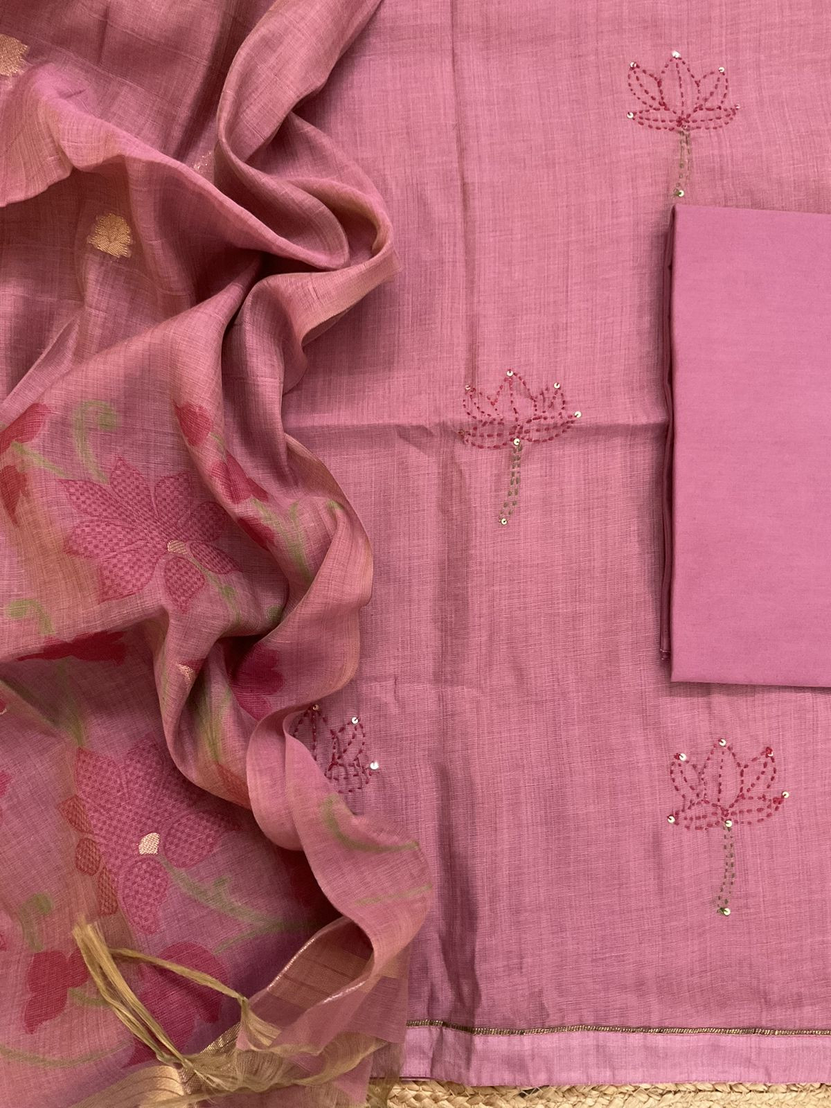 Soft Slub Chanderi Jamdani Weaved Embroidered Suit - Pink