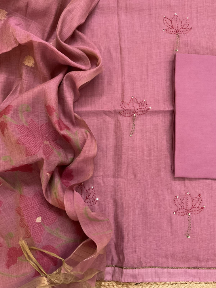 Image of Soft Slub Chanderi Jamdani Weaved Embroidered Suit - Pink