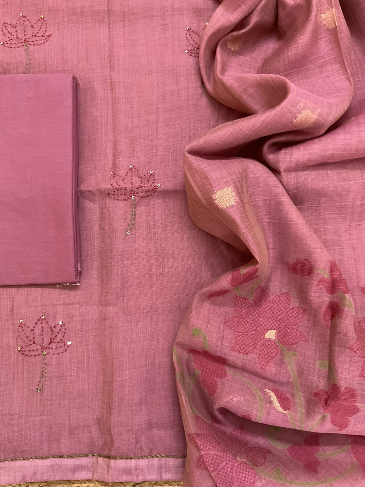 Soft Slub Chanderi Jamdani Weaved Embroidered Suit - Pink