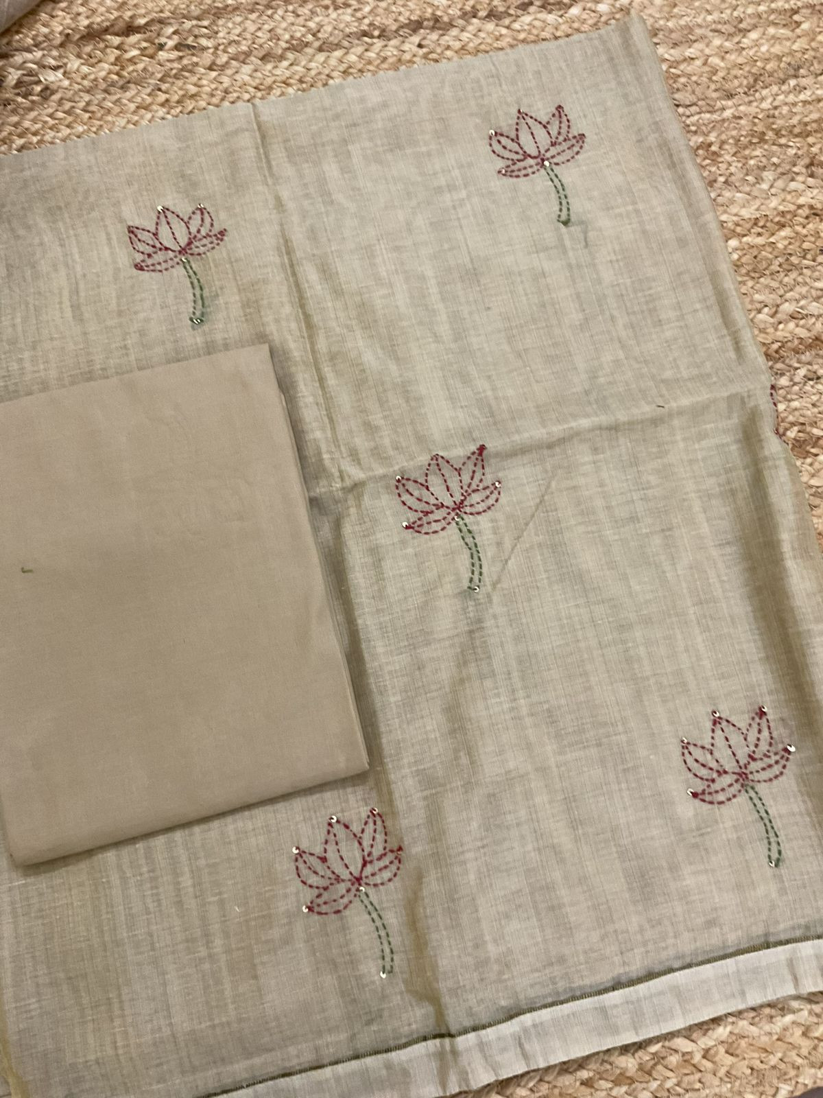 Soft Slub Chanderi Jamdani Weaved Embroidered Suit - Beige