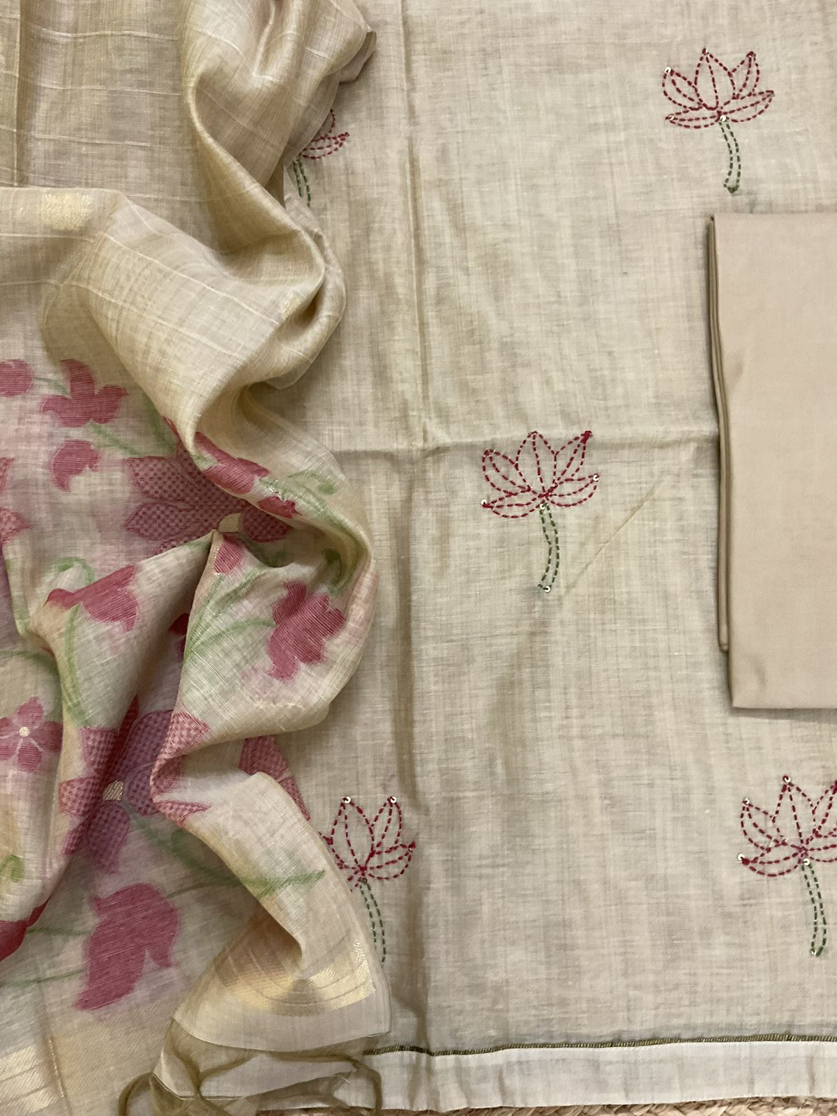 Soft Slub Chanderi Jamdani Weaved Embroidered Suit - Beige