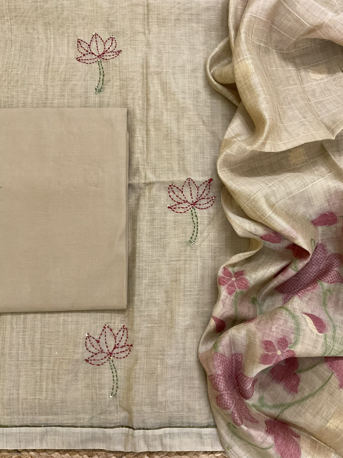 Soft Slub Chanderi Jamdani Weaved Embroidered Suit - Beige