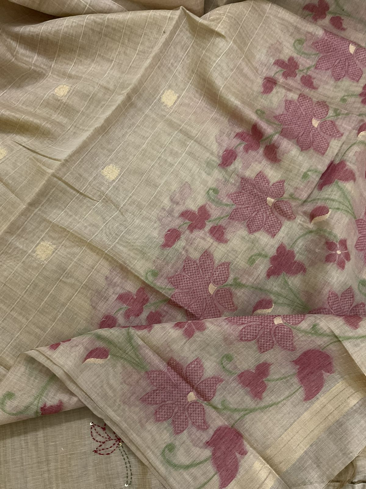 Soft Slub Chanderi Jamdani Weaved Embroidered Suit - Beige