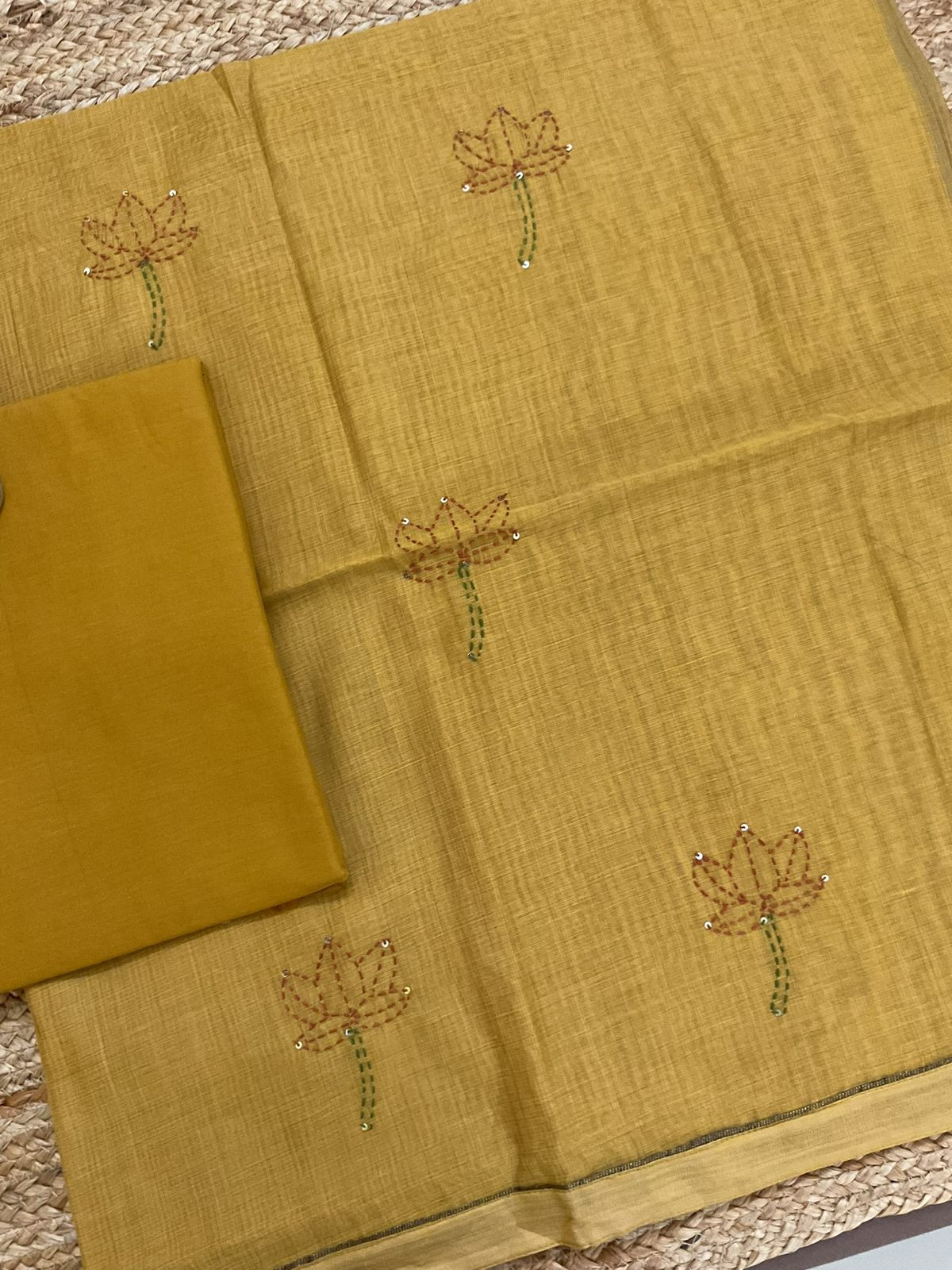 Soft Slub Chanderi Jamdani Weaved Embroidered Suit - Yellow