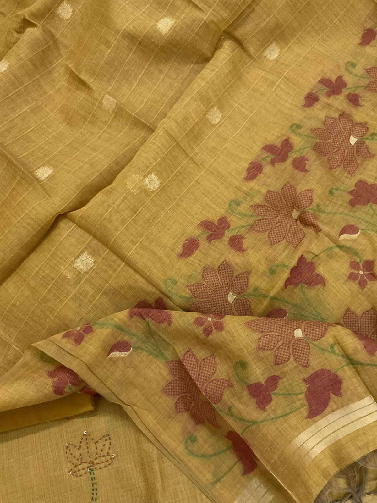 Soft Slub Chanderi Jamdani Weaved Embroidered Suit - Yellow