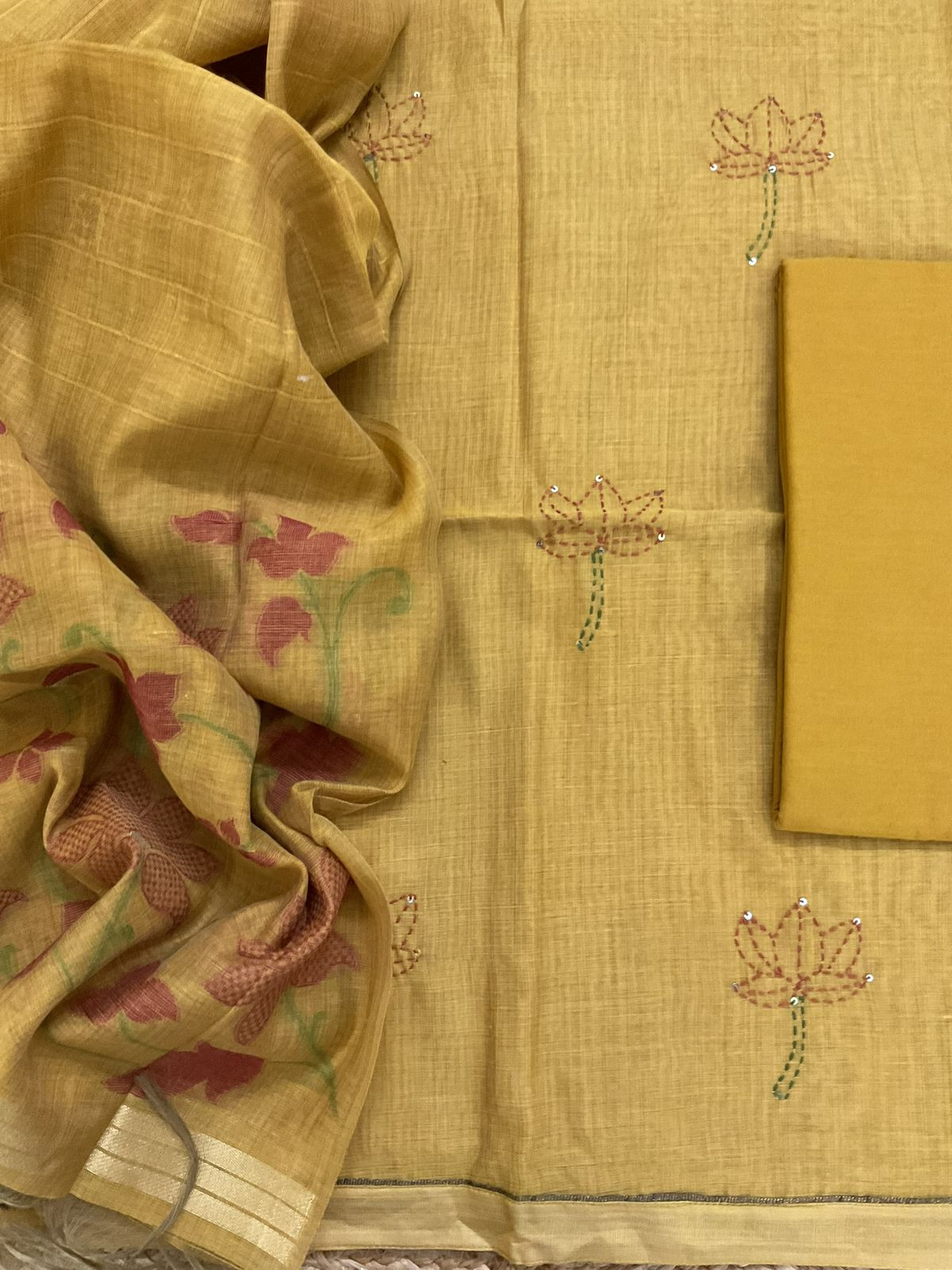 Soft Slub Chanderi Jamdani Weaved Embroidered Suit - Yellow