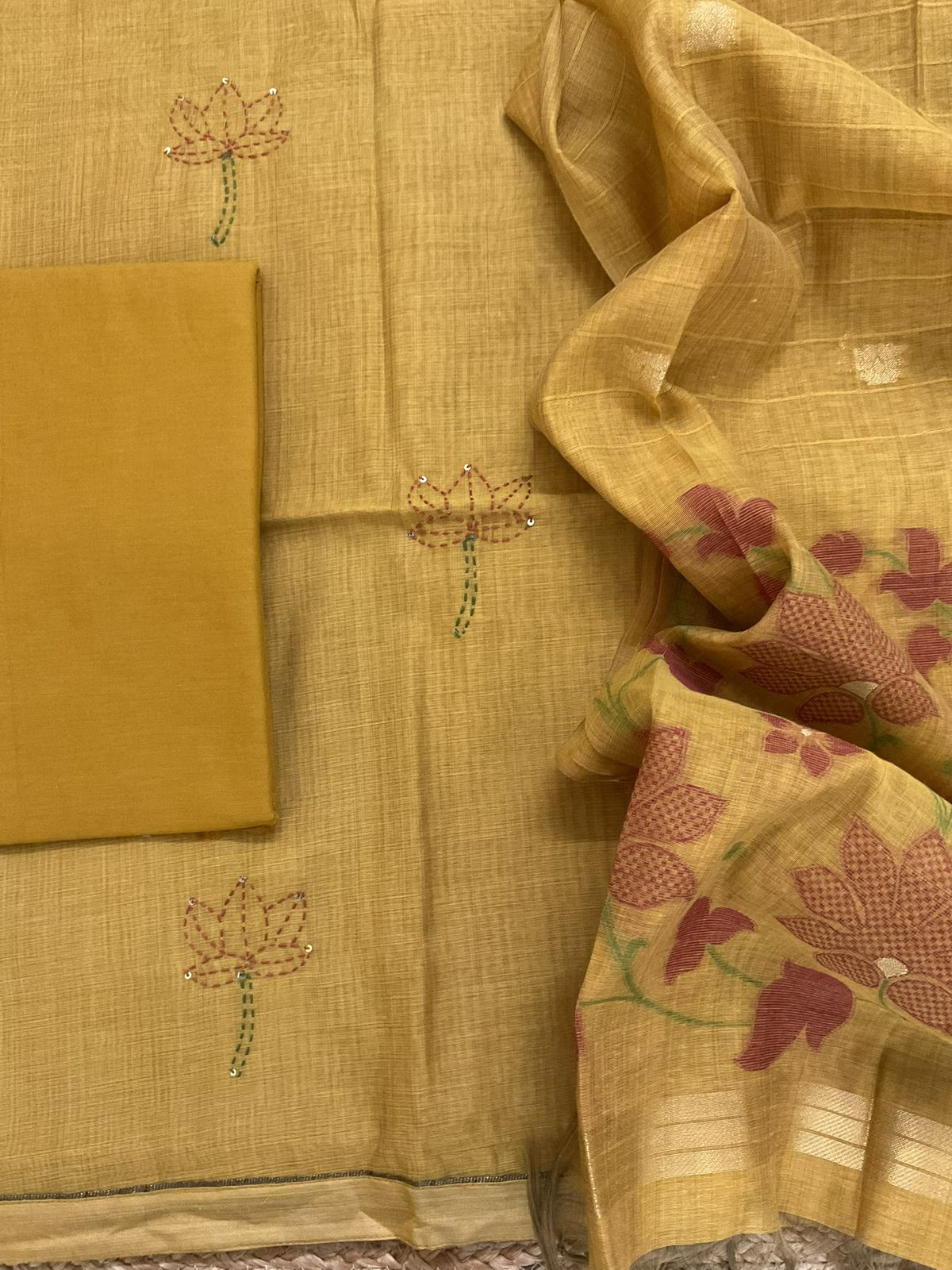 Soft Slub Chanderi Jamdani Weaved Embroidered Suit - Yellow