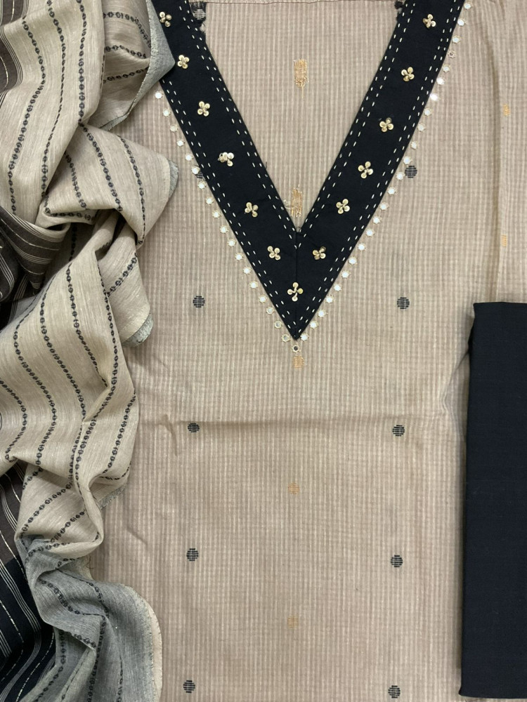 Image of Pure Handloom Cotton Self Weaved Embroidered Suit - Beige