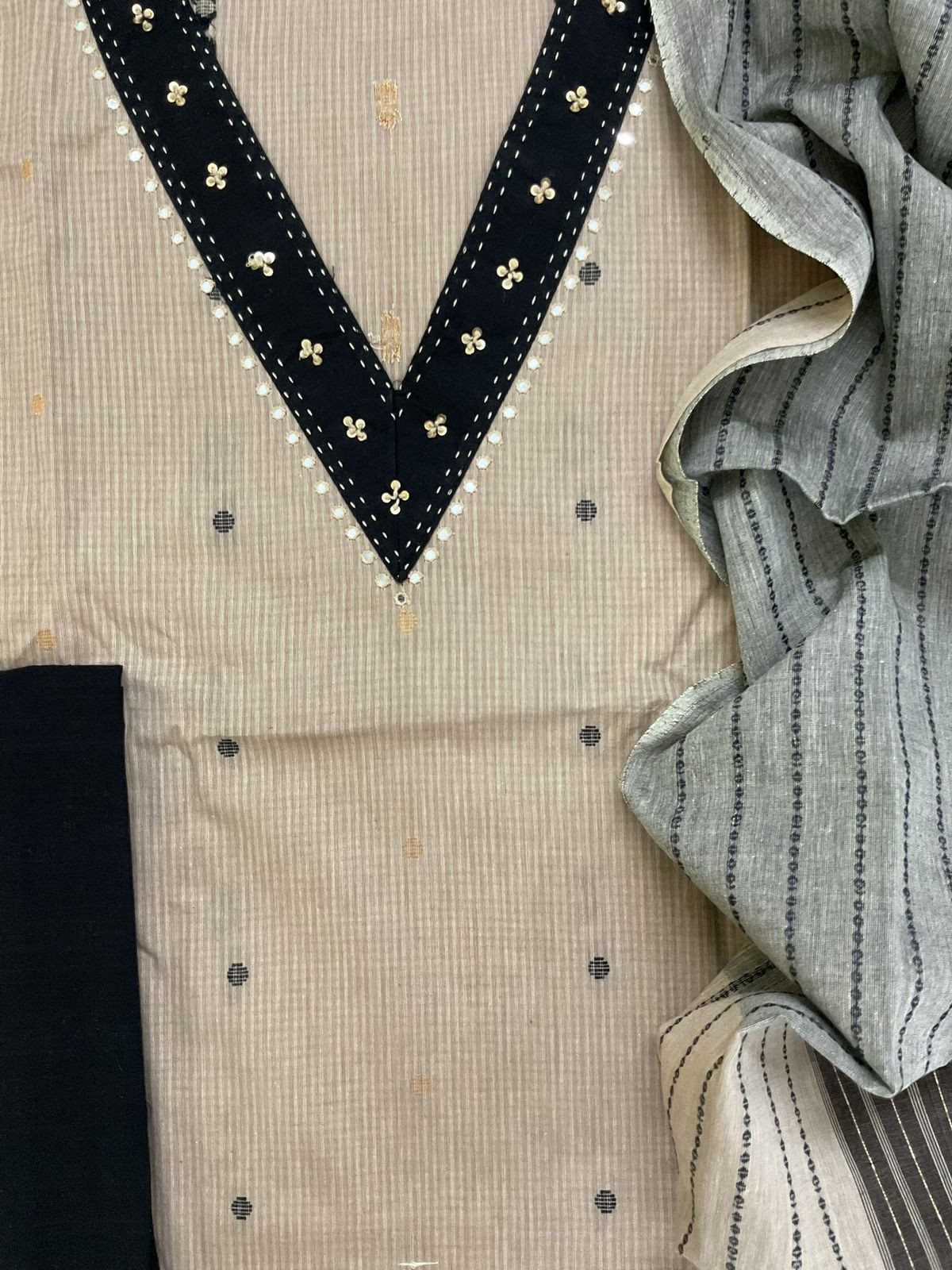 Pure Handloom Cotton Self Weaved Embroidered Suit - Beige