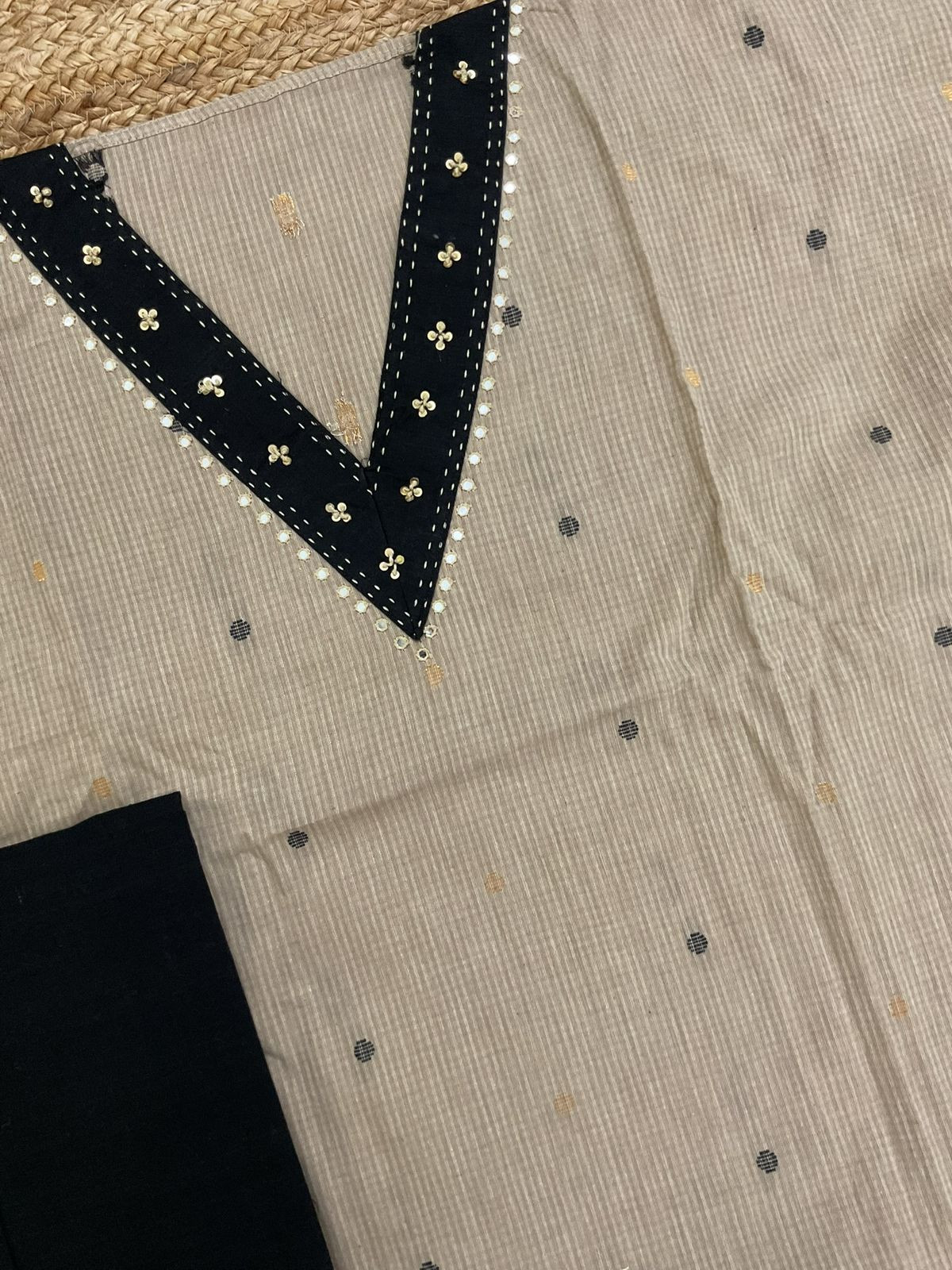 Pure Handloom Cotton Self Weaved Embroidered Suit - Beige