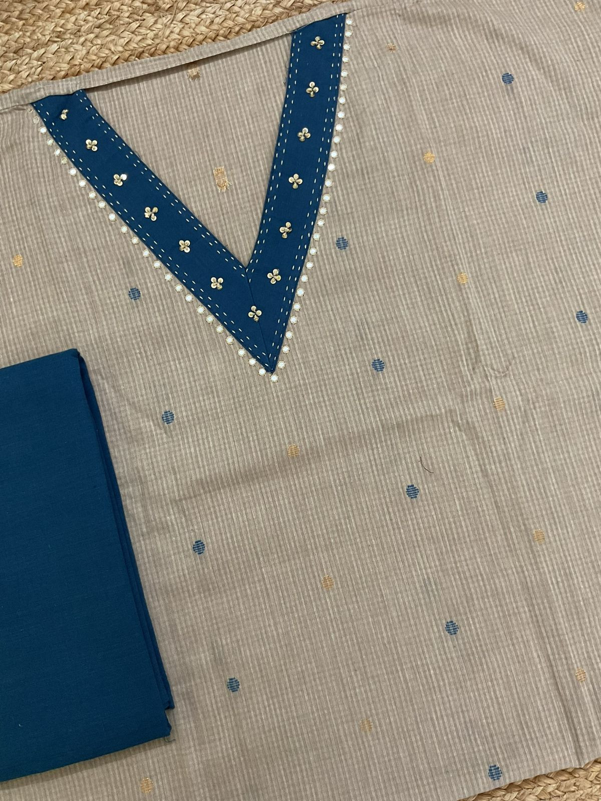 Pure Handloom Cotton Self Weaved Embroidered Suit - Beige