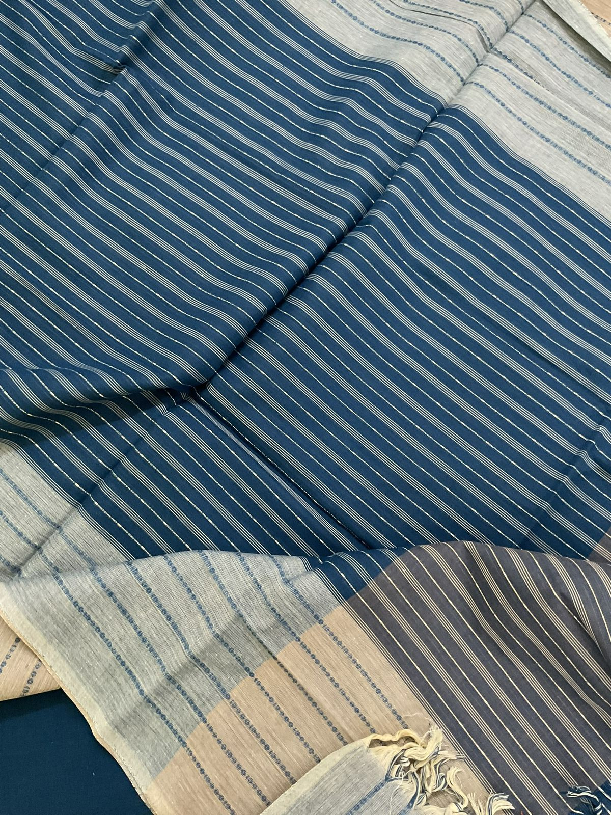 Pure Handloom Cotton Self Weaved Embroidered Suit - Beige